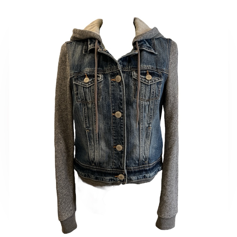 American Eagle Outfitters Blue Denim Jacket with Gray Knit Sleeves